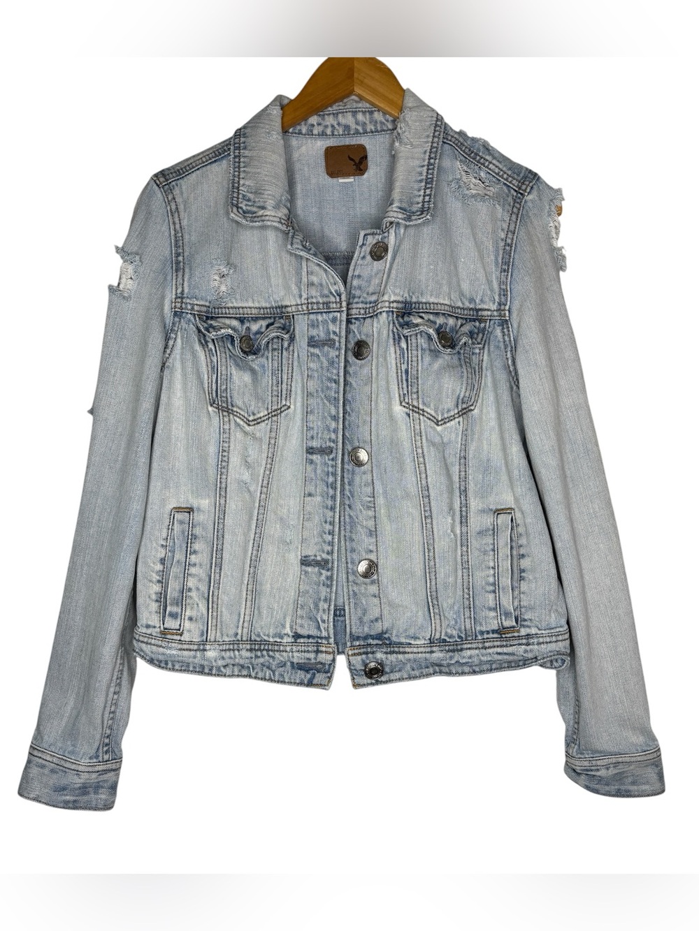American Eagle Distressed Denim Button-Up Trucker Jacket Blue Large 90s Vintage